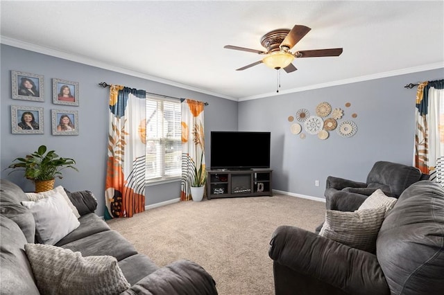 carpeted living room featuring crown molding, a ceiling fan, and baseboards