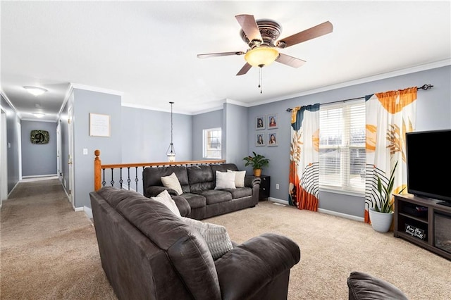 living area with a ceiling fan, crown molding, baseboards, and carpet floors