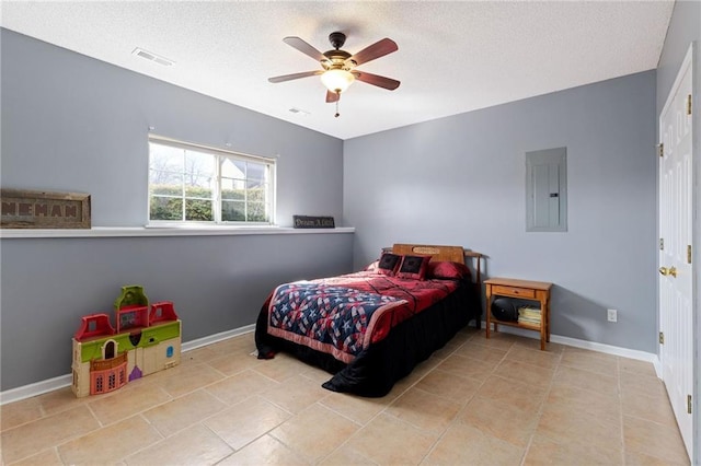 bedroom with visible vents, ceiling fan, baseboards, electric panel, and a textured ceiling