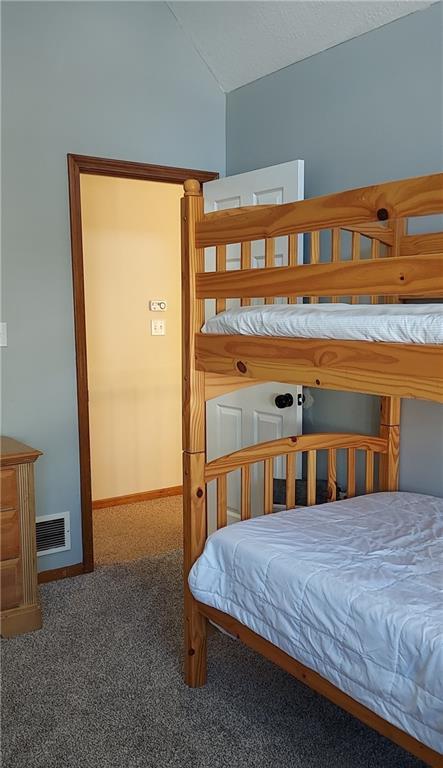 carpeted bedroom with lofted ceiling