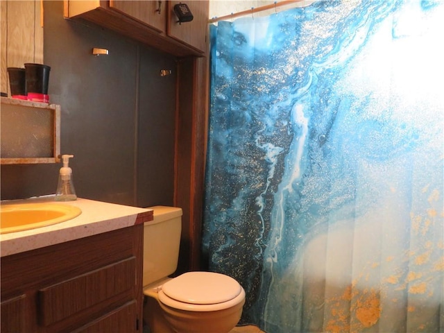 bathroom featuring vanity, curtained shower, and toilet