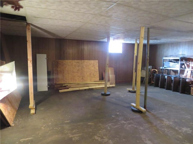 basement featuring wooden walls