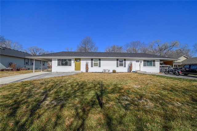 single story home featuring a carport and a front lawn