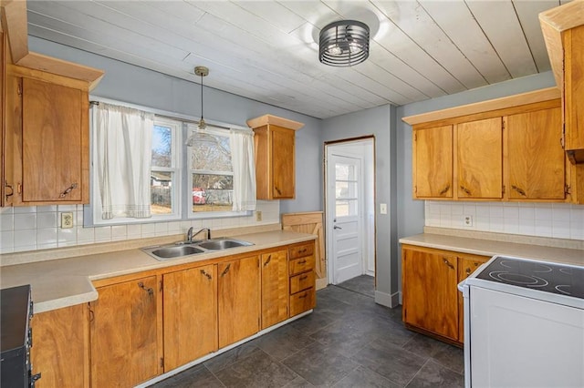 kitchen with sink, decorative light fixtures, wooden ceiling, decorative backsplash, and white range with electric stovetop