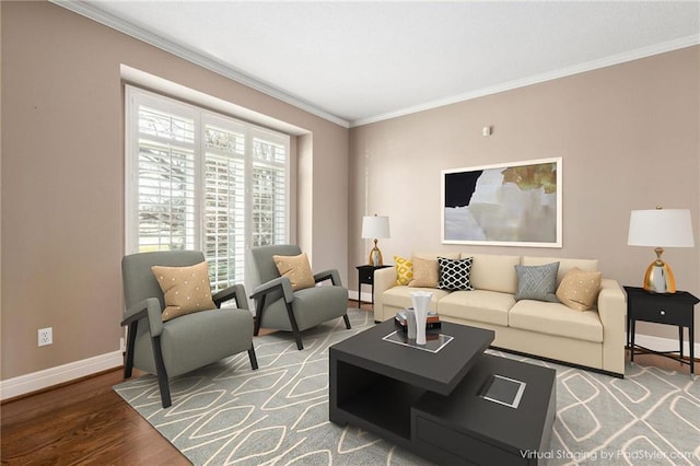 living room featuring wood finished floors, baseboards, and ornamental molding