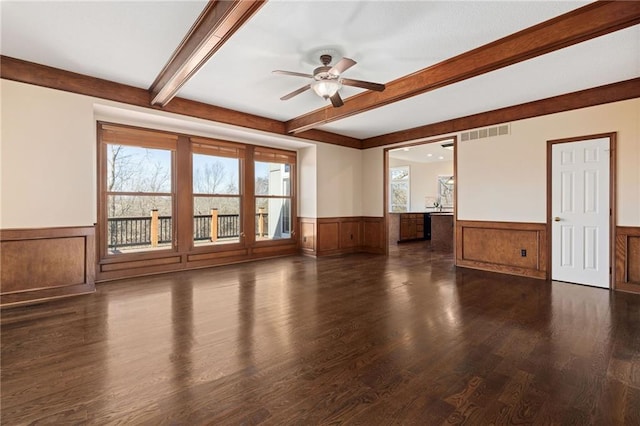 unfurnished living room with visible vents, beam ceiling, a ceiling fan, wood finished floors, and wainscoting