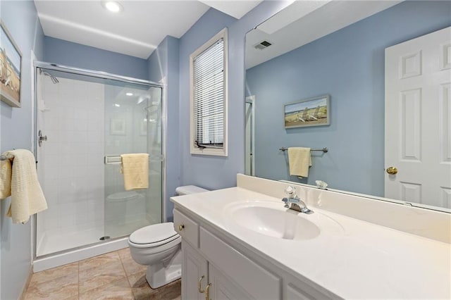 full bathroom featuring visible vents, a stall shower, toilet, and vanity