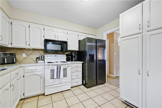 kitchen with tasteful backsplash, white cabinets, light tile patterned floors, stainless steel fridge with ice dispenser, and electric stove