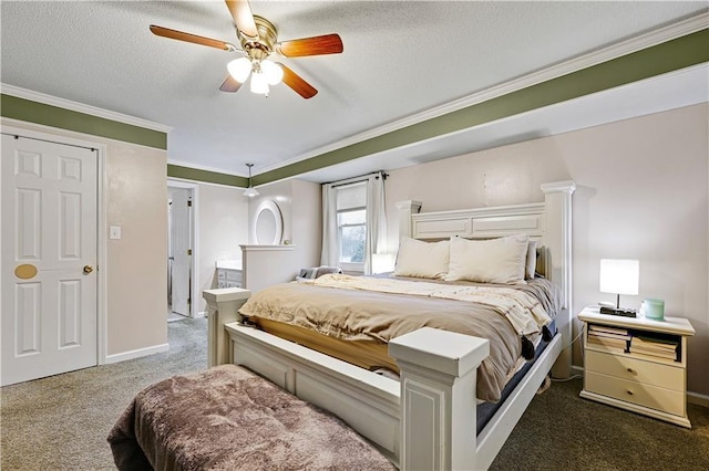 carpeted bedroom featuring crown molding, ceiling fan, and a textured ceiling