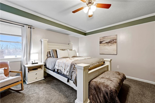 carpeted bedroom featuring ornamental molding, a textured ceiling, and ceiling fan