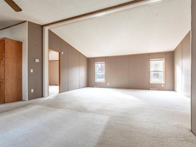 carpeted empty room featuring lofted ceiling and a textured ceiling