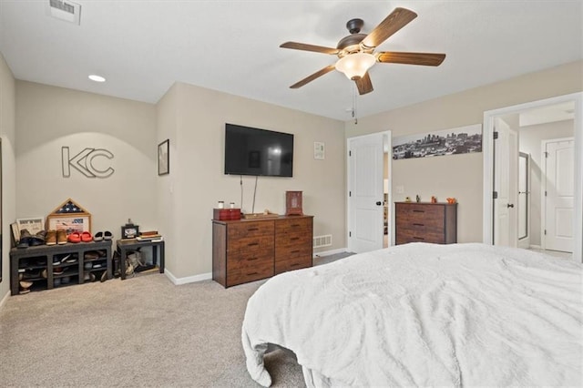 carpeted bedroom with ceiling fan