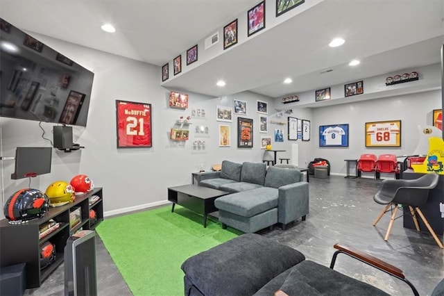 recreation room featuring concrete floors