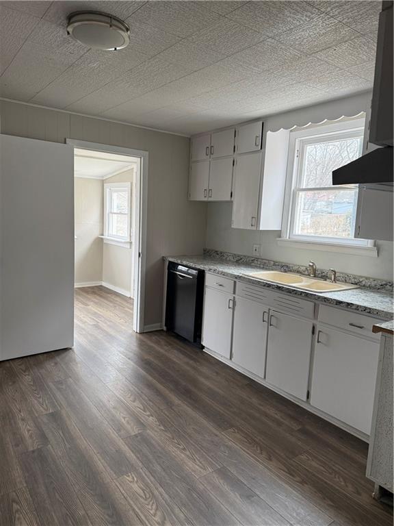 kitchen with white cabinets, light countertops, dishwasher, and a sink