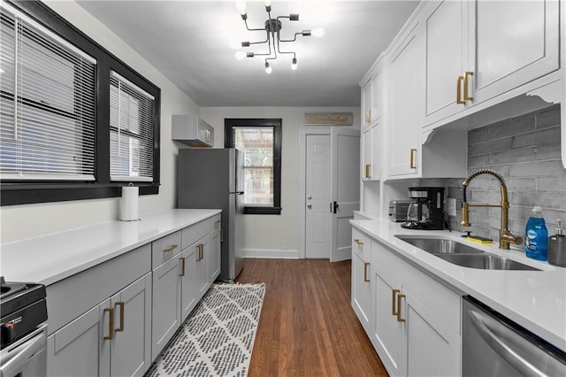 kitchen featuring sink, dark wood-type flooring, white cabinets, and appliances with stainless steel finishes