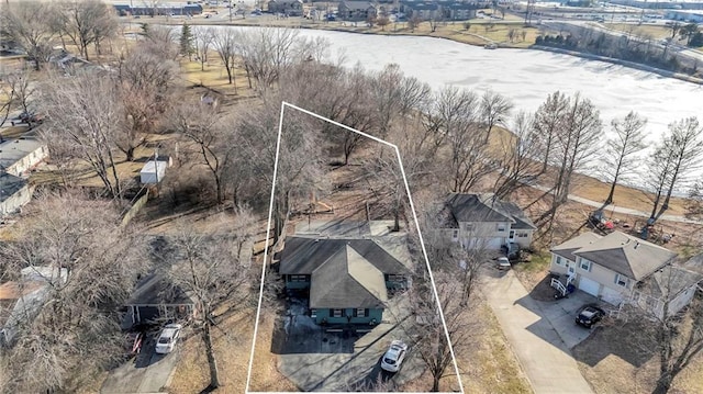 drone / aerial view featuring a water view