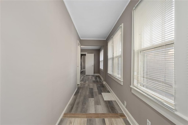 corridor with ornamental molding and dark wood-type flooring