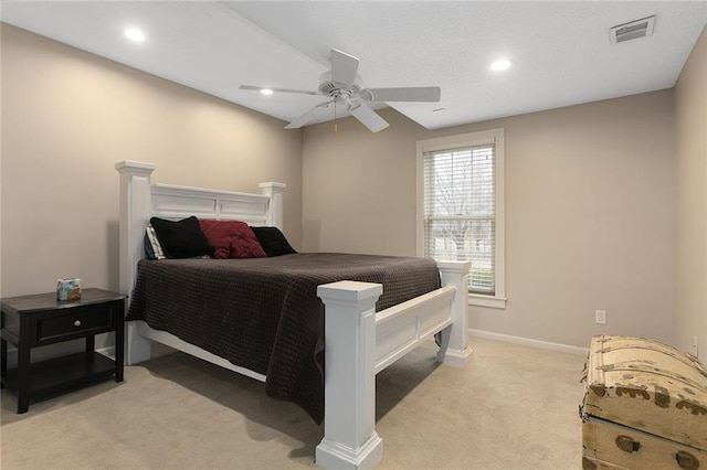 bedroom featuring visible vents, baseboards, light colored carpet, ceiling fan, and recessed lighting