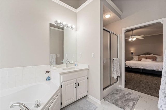 bathroom with ceiling fan, vanity, shower with separate bathtub, and ornamental molding