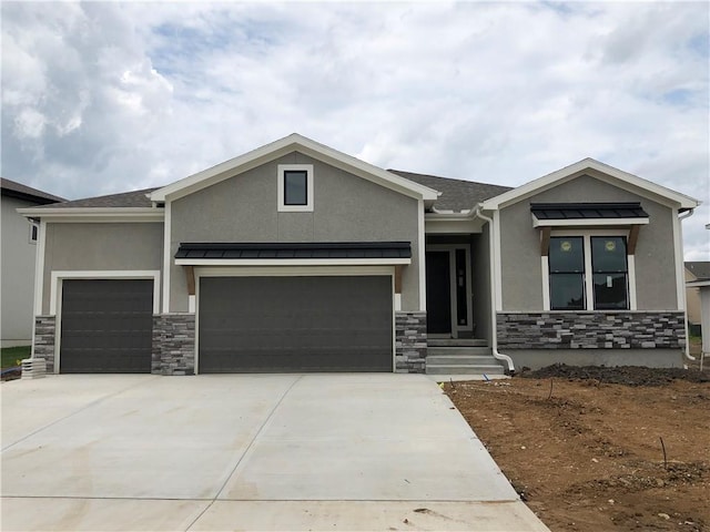 17178 S Heatherwood St, Olathe, KS 66062 - view of front of home featuring an attached garage, stone siding, stucco siding, and driveway