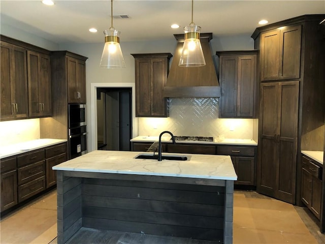 17178 S Heatherwood St, Olathe, KS 66062 - kitchen featuring a sink, custom exhaust hood, decorative backsplash, recessed lighting, and decorative light fixtures