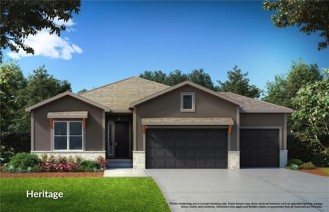 17178 S Heatherwood St, Olathe, KS 66062 - ranch-style home with an attached garage, stucco siding, concrete driveway, and stone siding