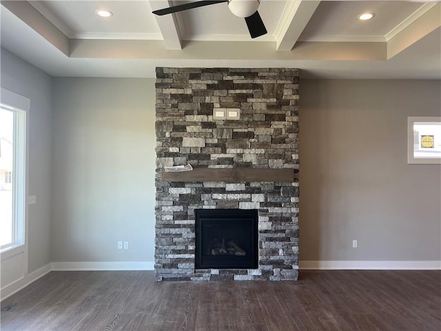 17178 S Heatherwood St, Olathe, KS 66062 - unfurnished living room with wood finished floors, a fireplace, beamed ceiling, a ceiling fan, and ornamental molding