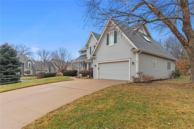 view of home's exterior featuring concrete driveway, roof with shingles, and a lawn