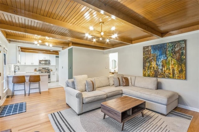 living room featuring wood ceiling, beam ceiling, light hardwood / wood-style floors, and a notable chandelier