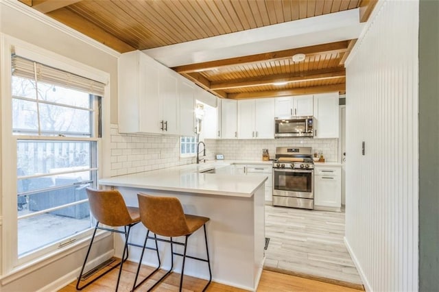 kitchen featuring a breakfast bar area, white cabinets, backsplash, kitchen peninsula, and stainless steel appliances