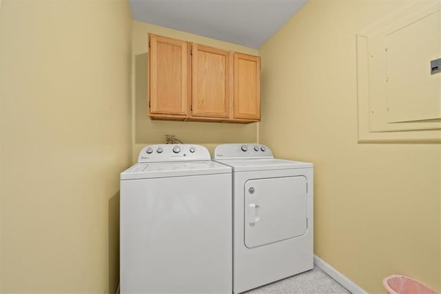 laundry room featuring electric panel, cabinet space, washer and clothes dryer, and baseboards