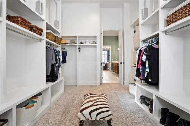 mudroom featuring light colored carpet