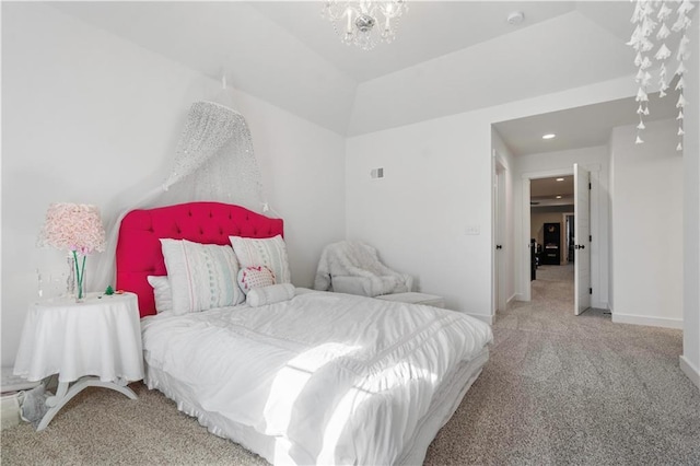 bedroom with recessed lighting, an inviting chandelier, carpet flooring, and baseboards