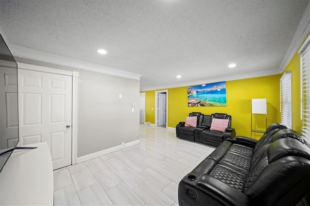 living room with ornamental molding and a textured ceiling