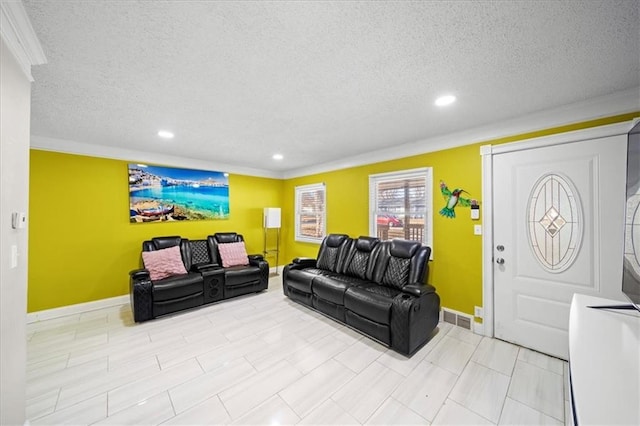 living room with a textured ceiling