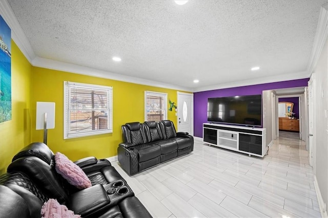 living room featuring crown molding and a textured ceiling