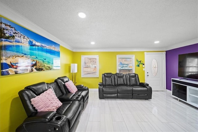 living room with crown molding and a textured ceiling