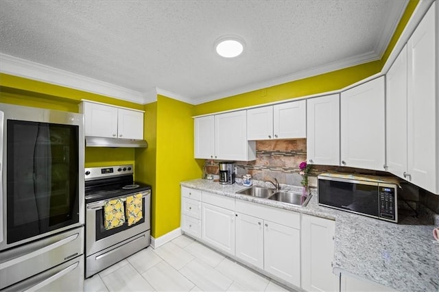 kitchen featuring white cabinetry, sink, crown molding, and stainless steel electric range