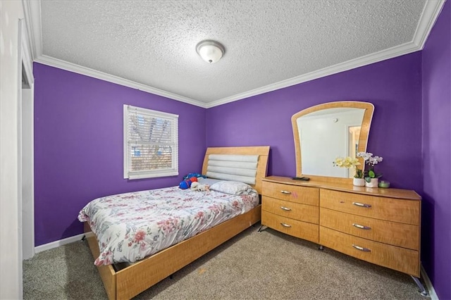 bedroom featuring ornamental molding, dark carpet, and a textured ceiling