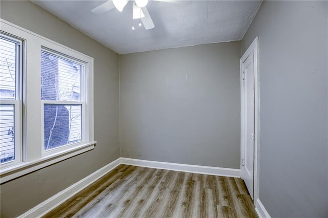 empty room with ceiling fan and light hardwood / wood-style floors