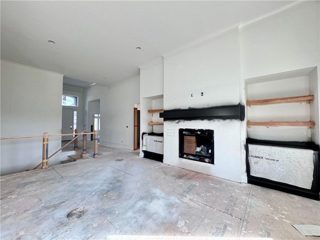 10332 N Potter Ave, Kansas City, MO 64157 - unfurnished living room featuring a fireplace and crown molding