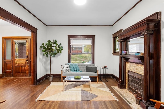 sitting room featuring crown molding and dark wood-type flooring