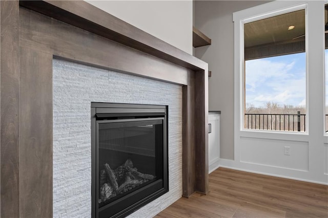 details with hardwood / wood-style flooring and a stone fireplace