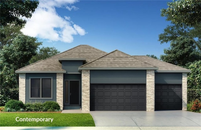 17154 S Heatherwood St, Olathe, KS 66062 - view of front of property with an attached garage, driveway, a shingled roof, and stone siding