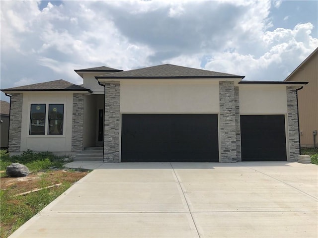 17154 S Heatherwood St, Olathe, KS 66062 - prairie-style house with a garage, driveway, stucco siding, and stone siding