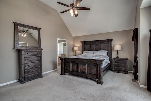 bedroom with a ceiling fan, light colored carpet, baseboards, and high vaulted ceiling