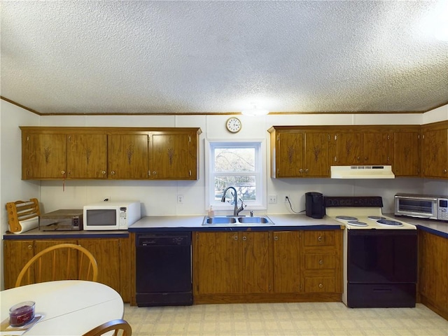 kitchen with dishwasher, sink, a textured ceiling, and electric stove