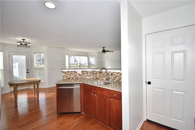 kitchen with sink, stainless steel dishwasher, decorative backsplash, and kitchen peninsula