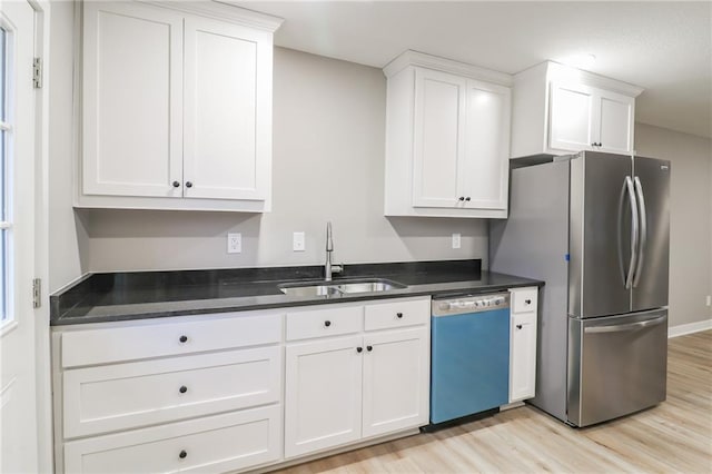 kitchen with white cabinetry, sink, stainless steel fridge, and dishwasher