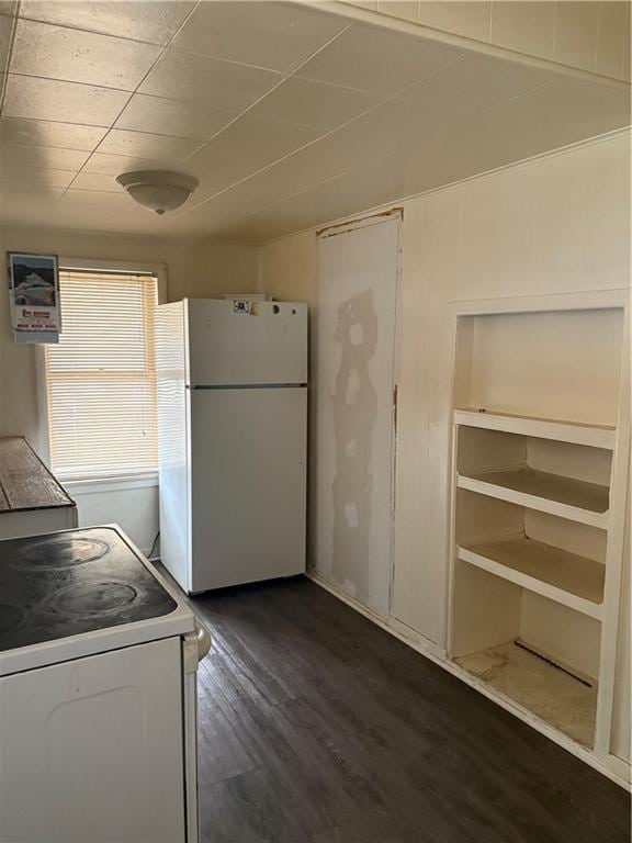 kitchen with white appliances and dark hardwood / wood-style flooring